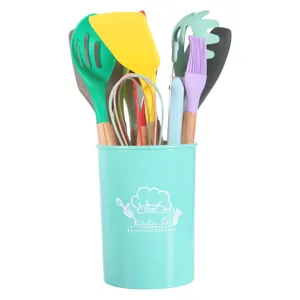 Colorful silicone kitchen utensil set with wooden handles and storage holder bucket.