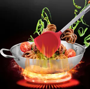 Stainless steel handle silicone spatula for non-stick pan cooking, heat-resistant kitchen tool.