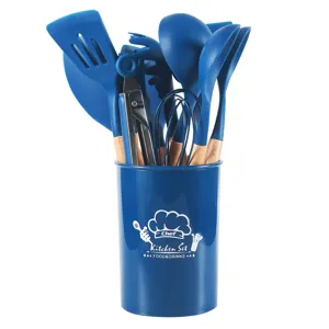 Blue silicone kitchen utensils set with wooden handles and storage holder 11 pieces cooking tools