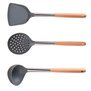 Silikon Küchenhelfer Set mit Holzgriff hitzebeständig Kochlöffel Pfannenwender Küchenzubehör