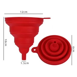 Imbuto in silicone pieghevole rosso per cucina, imbuto per olio portatile con dimensioni.