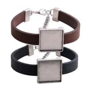 Legierung Quadratische Cabochon Basis Tablett Rahmen PU Leder Armband Blanko DIY Handgefertigtes Armband Schmuckherstellung Komponenten