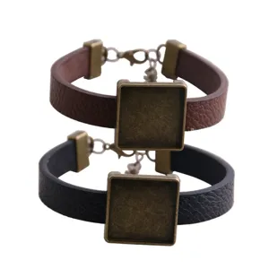 Minimalistische DIY Armband Van Synthetisch Leer En Legering Met Vierkante Basis Mode Armband Voor Vrouwen Sieraden Accessoire