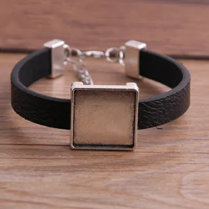 Minimalistische schwarze PU-Leder Legierung quadratische Lünette Tablett DIY Armband Rohling