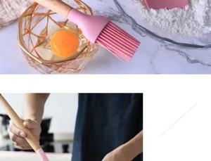Detail view of silicone pastry oil brush with wooden handle for baking cooking kitchen tools