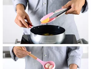Silicone kitchen utensil set detail showing pink tongs and wooden handle soup ladle.
