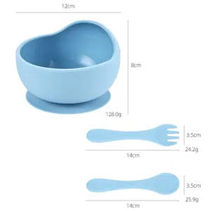 Baby Silicone Suction Bowl Fork And Spoon Set Toddler Infant Feeding Tableware Anti Slip Training Food Bowl Blue