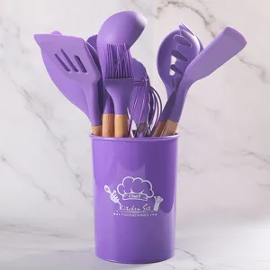 Purple Silicone Kitchen Utensils Set With Wooden Handles Heat Resistant Non Stick Cooking Tools With Storage Bucket