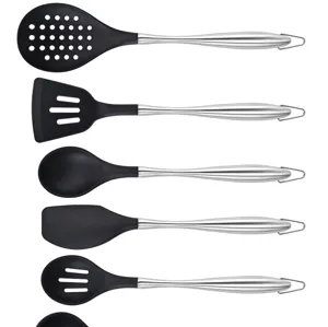 Set d'ustensiles de cuisine en silicone et acier inoxydable, accessoires antiadhésifs.