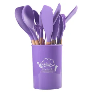 Purple silicone kitchen utensils set with wooden handles and storage holder 11 pcs cooking tools