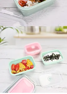 Vista dettagliata del portapranzo in silicone pieghevole, contenitore per alimenti portatile.