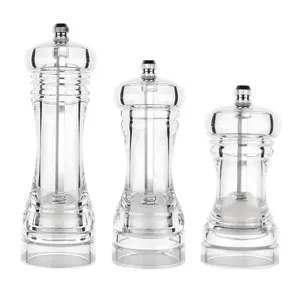 Ensemble de moulins à poivre manuels en acrylique transparent de trois tailles pour cuisine.