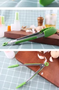 Pince de cuisine en acier inoxydable avec poignée en silicone vert pour cuisson et grill.