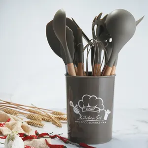 Kitchen Silicone Utensils Set Non-Stick Cooking Tools With Wooden Handle Heat Resistant Kitchen Gadget Set