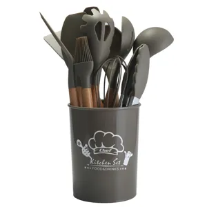 Brown silicone kitchen utensil set with wooden handles and storage bucket 11 pieces main view
