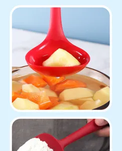 Detail view of red silicone kitchen utensil, featuring soup ladle and spatula for cookware.