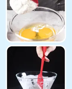 Detail view of red silicone spatula mixing batter and flour in bowl for baking and cooking tasks.