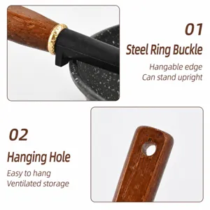 Wooden handle kitchen utensil with steel ring buckle and tail hanging hole for easy storage.