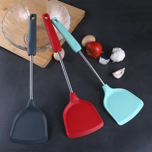 Non-Stick Silicone Kitchen Spatula Heat Resistant Cooking Spoon Utensil With Stainless Steel Tube Handle For Home Cooking