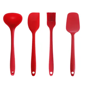 4-piece red silicone kitchen utensil set heat resistant spatula soup ladle oil brush