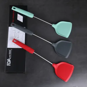 Silicone kitchen spatula set with stainless steel handles, heat resistant cookware tools.