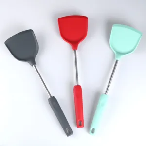 Set of three colorful silicone cooking spatulas with stainless steel handles for non-stick pans.