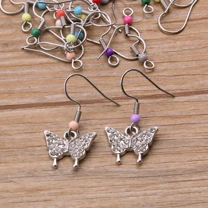 DIY stainless steel earring hooks with colorful beads and rhinestone butterfly charms.