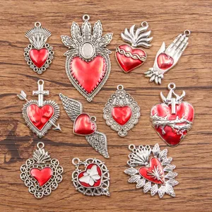 Retro Gotisch Heilig Hart Vleugel Legering Charms Voor DIY Ketting Oorbellen Sieraden Maken Rood Emaille Antiek Zilver Hangers Accessoires