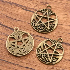 Ciondolo pentagramma cavo in lega di zinco per creazione gioielli, bronzo vintage.