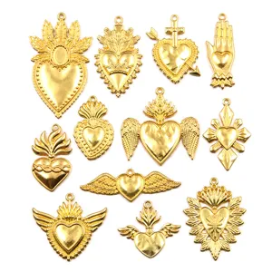 Gold Sacred Heart Pendants Bulk DIY Jewelry Charms Winged Heart Metal Craft Findings Set