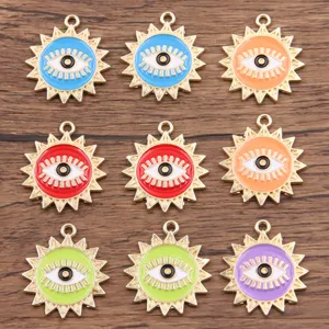 Round Turkish Evil Eye Enamel Pendant Alloy Sun Charm For DIY Jewelry Making Mobile Phone Accessories Necklaces Earrings