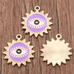 Evil eye sun enamel alloy pendant charm detail shot, 19x21mm DIY jewelry accessory crafting.