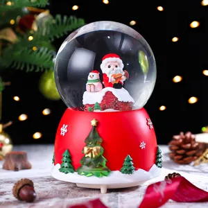 Detailed close-up of the Christmas snow globe featuring festive Santa and snowman figures inside.