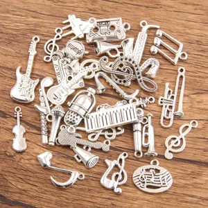 Silver alloy music charms set featuring guitars, notes, and microphones for DIY jewelry making.