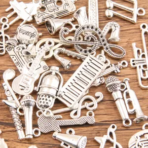 Silver music charms bulk, alloy instrument pendants like guitar microphone piano for DIY jewelry