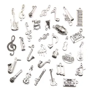 Music note alloy charms set, guitar piano microphone pendants DIY jewelry making accessories.