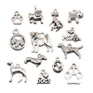 Dog charms set, antique silver puppy paw heart DIY jewelry making accessories parts.