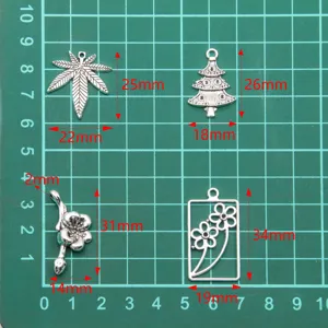 Silver alloy plant charms pendants detail view showing dimensions and craft shapes.