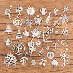 Zinc Alloy Plant Charms DIY Jewelry Making Accessories Retro Silver Leaf Flower Cactus Lotus Pendants For Bracelets Necklaces