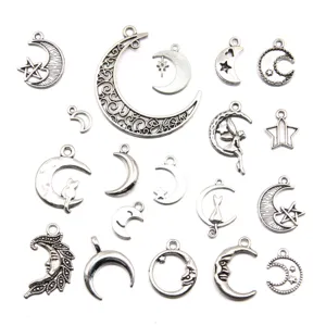 Silver alloy moon star charms set, creative DIY jewelry pendant accessories for craft.