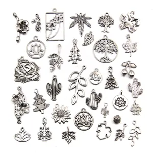 Antique silver plant charms bulk mixed leaf cactus lotus flower pendants for DIY jewelry making.