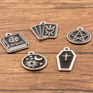Gothic black enamel alloy charm pendants set detail view featuring occult tarot cards design.
