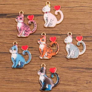 Alloy Enamel Heart Cat Animal Pendant For DIY Jewelry Making KC Gold Print Cat Charms Jewelry Findings For Necklace Bracelet