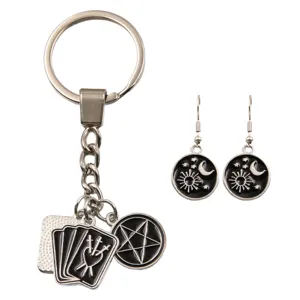 Gothic tarot card pentagram keyring and sun moon earrings set metal alloy jewelry.