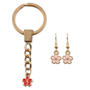 KC Gold Sakura Schlüsselanhänger und Ohrringe Set Legierung Pflanze Öltropfen Mode Schmuck