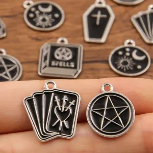 Gothic alloy charm set with tarot and pentagram black enamel details for jewelry DIY.