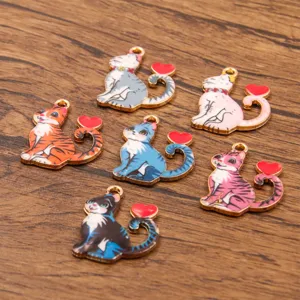 6-Color Enamel Cat Pendants KC Gold Alloy Animal Charms DIY Jewelry Making Accessories