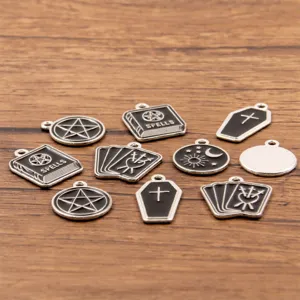 Alloy Gothic mystical charms set, black enamel pentagram coffin tarot pendants for DIY jewelry making