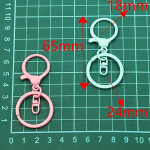 Detailed view of colorful metal lobster clasp keychain parts with precise dimension markers.