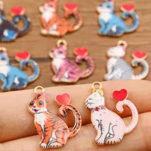 Enamel alloy cat heart pendant DIY charm close up detail view, colorful cute cat jewelry parts.
